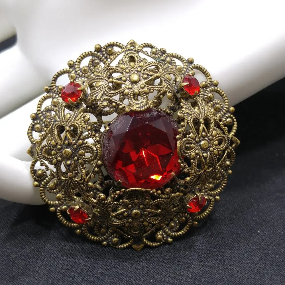 Red Rhinestone Filigree Brooch, Unmarked Germany or Czech, 1940s Vintage Jewelry